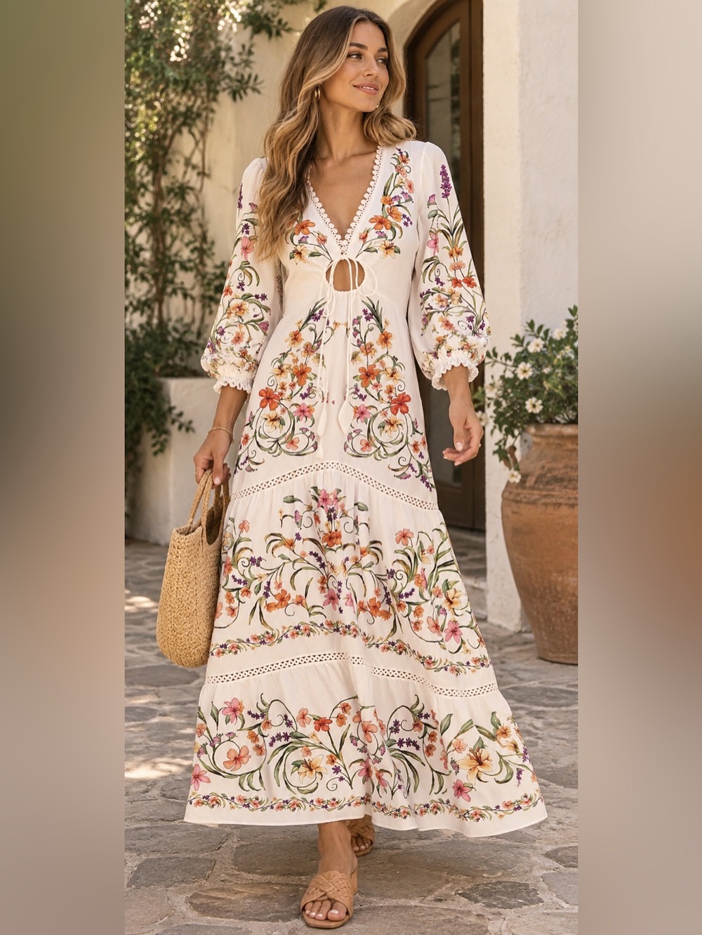 Farm Rio Floral Embroidered Midi Dress in White size medium